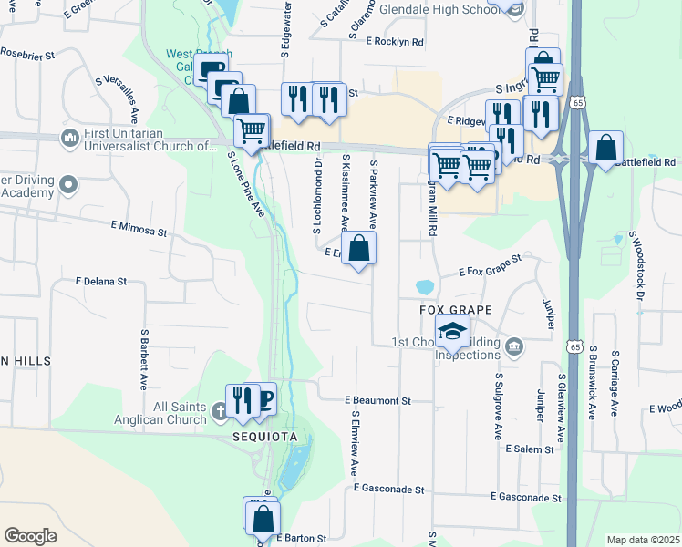 map of restaurants, bars, coffee shops, grocery stores, and more near 3003 East Chattanooga Street in Springfield
