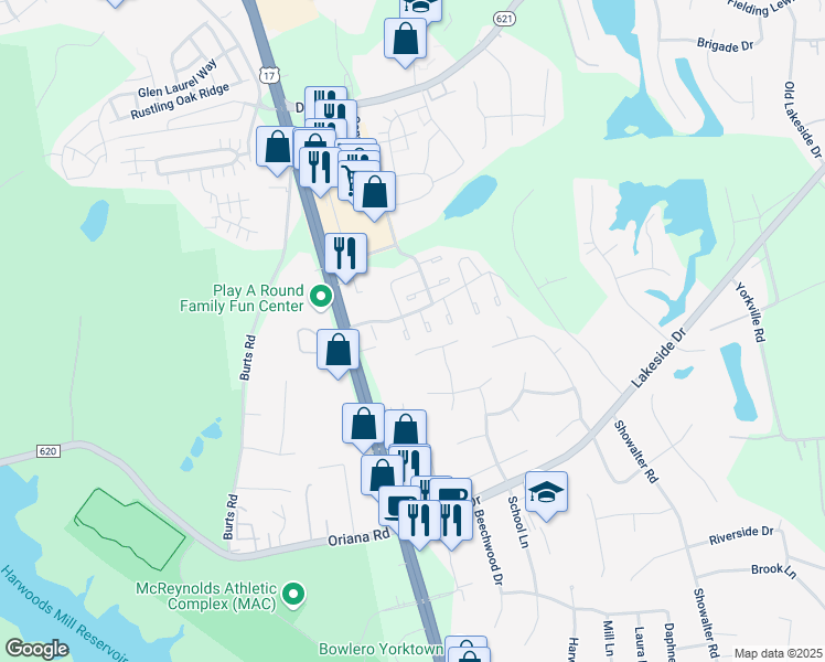 map of restaurants, bars, coffee shops, grocery stores, and more near 107 Quest Court in Yorktown