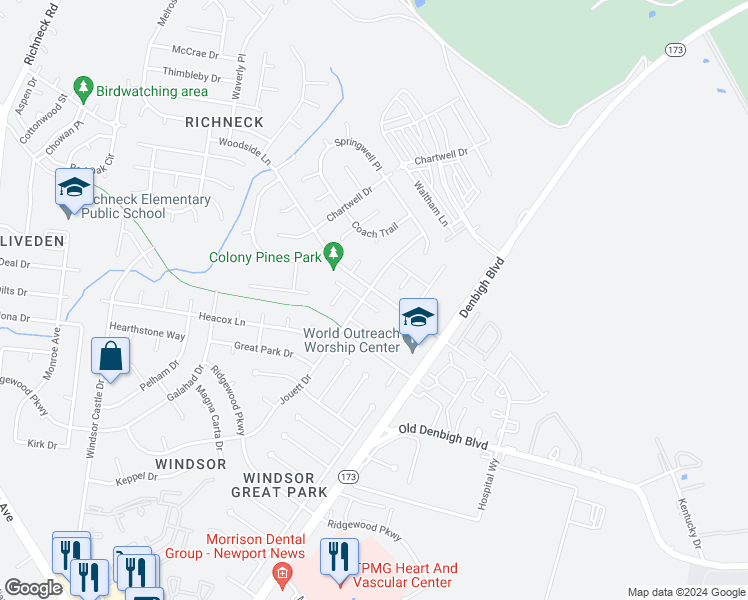 map of restaurants, bars, coffee shops, grocery stores, and more near 1217 Colony Pines Drive in Newport News