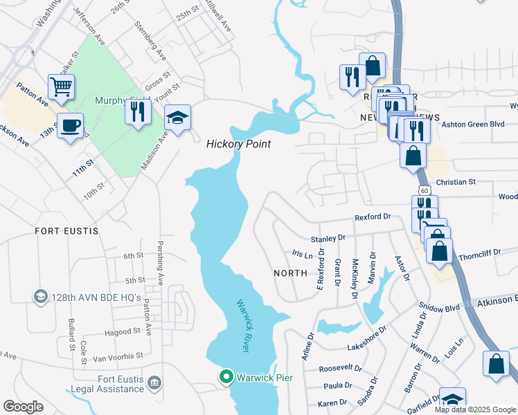 map of restaurants, bars, coffee shops, grocery stores, and more near 92 West Rexford Drive in Newport News