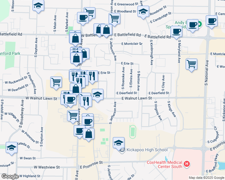 map of restaurants, bars, coffee shops, grocery stores, and more near 3339 South Jefferson Avenue in Springfield