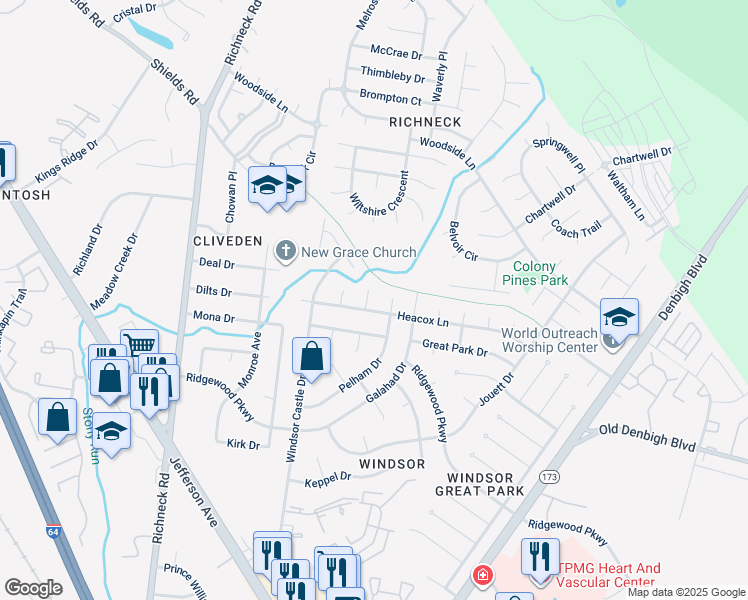 map of restaurants, bars, coffee shops, grocery stores, and more near 4 Victoria Station in Newport News