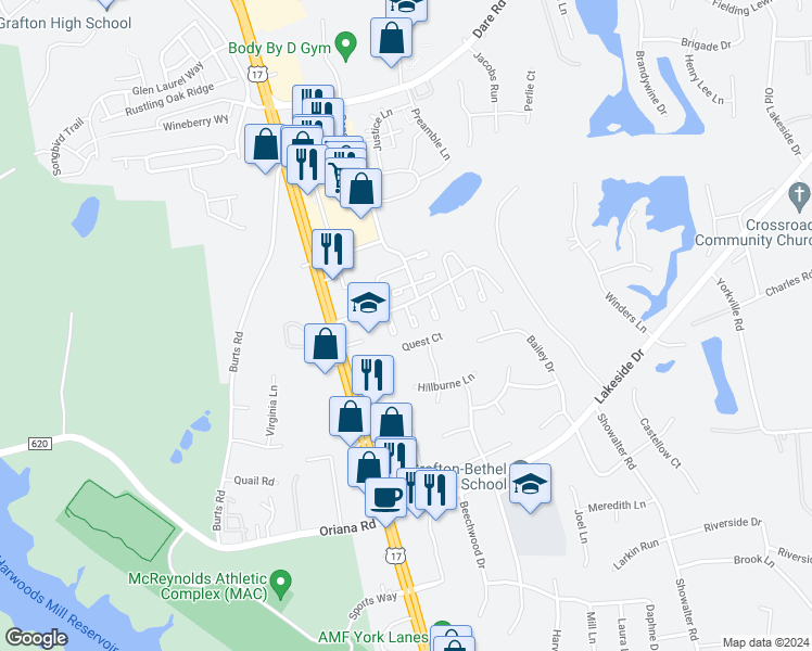 map of restaurants, bars, coffee shops, grocery stores, and more near 114 Barfleur Place in Yorktown