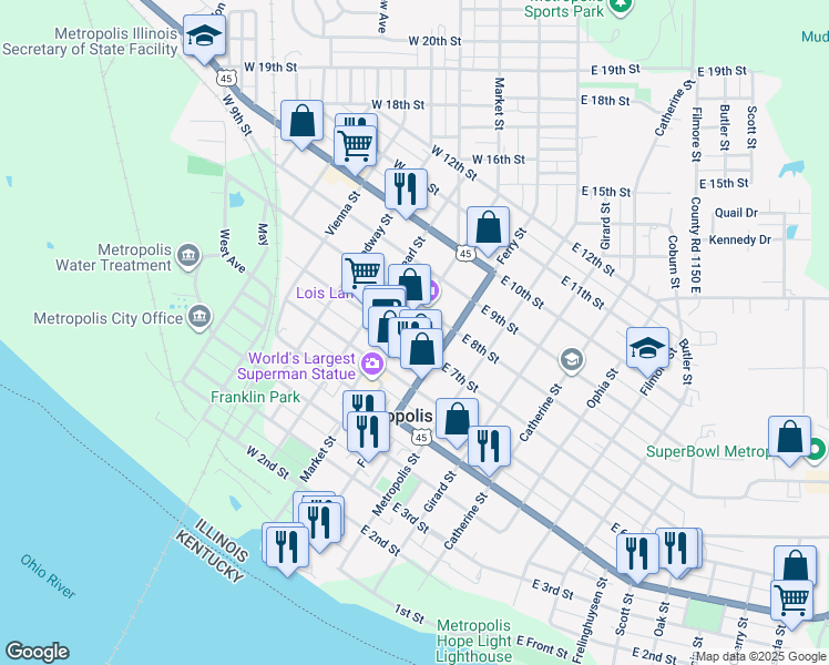 map of restaurants, bars, coffee shops, grocery stores, and more near 101-199 West 7th Street in Metropolis