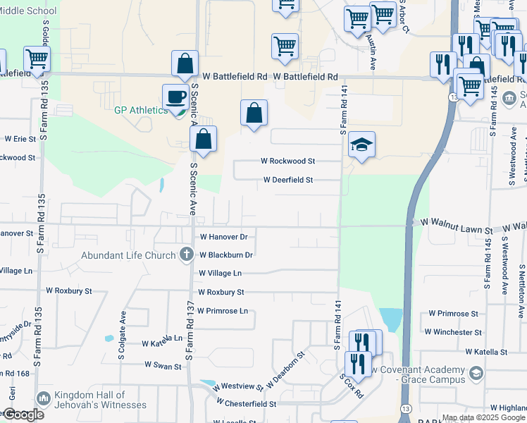 map of restaurants, bars, coffee shops, grocery stores, and more near 2524b West Zack Lane in Springfield