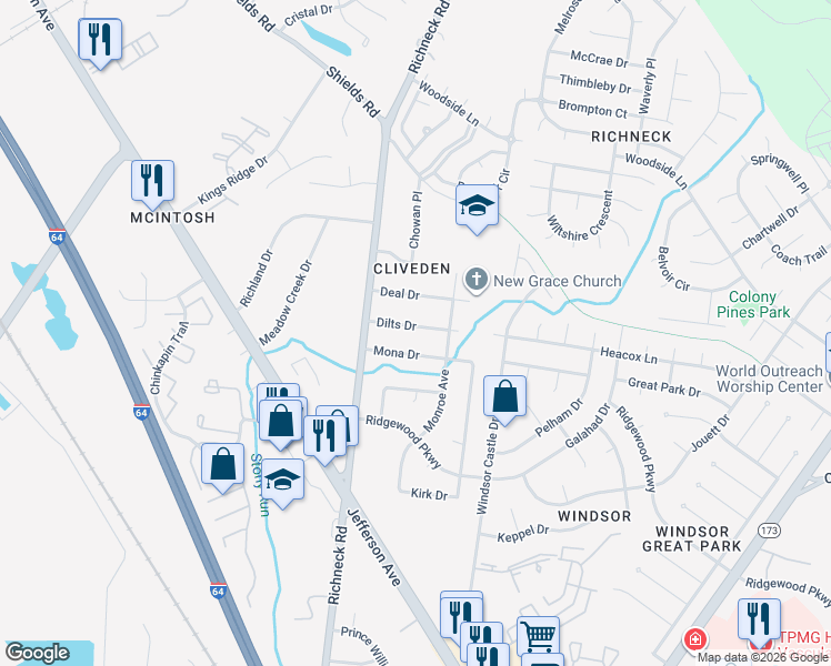 map of restaurants, bars, coffee shops, grocery stores, and more near 114 Dilts Drive in Newport News