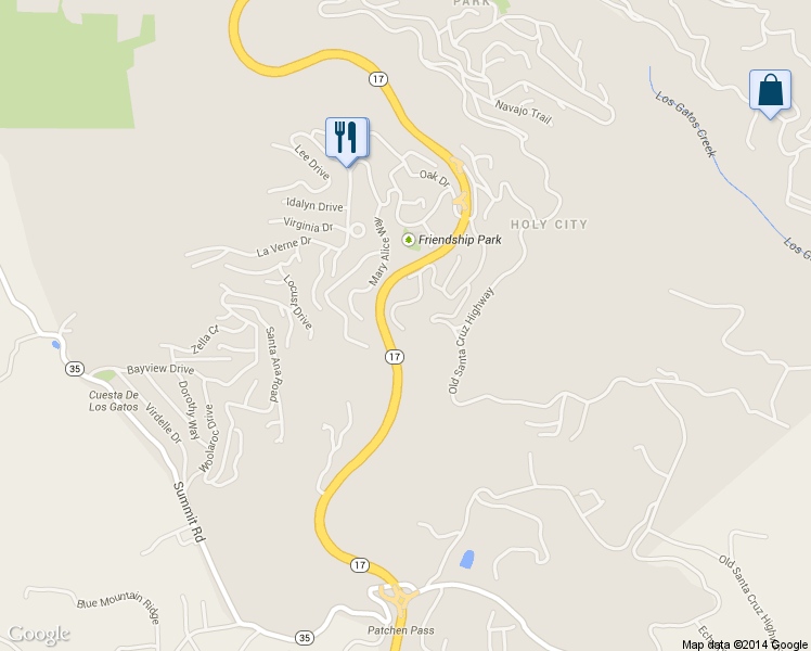 map of restaurants, bars, coffee shops, grocery stores, and more near 21578 Alma Court in Los Gatos