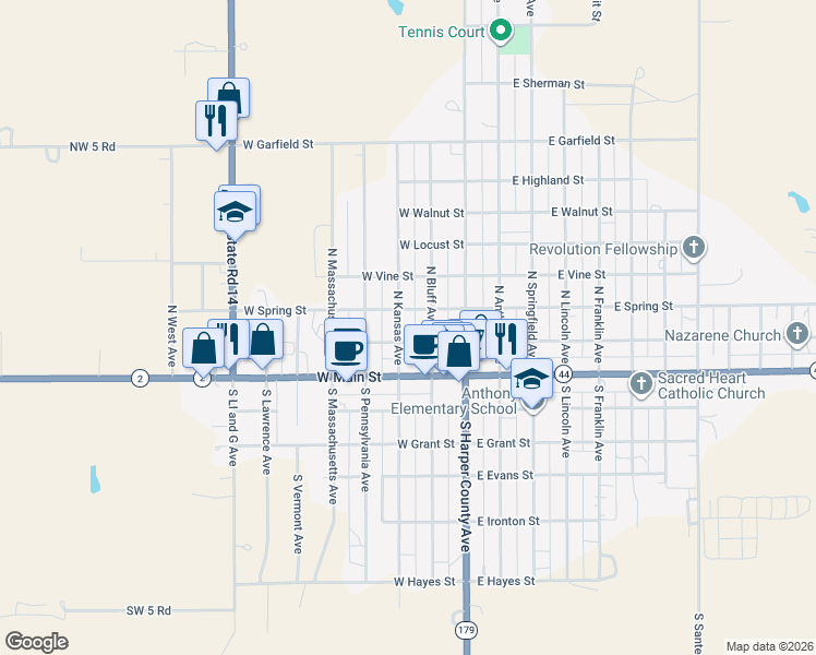 map of restaurants, bars, coffee shops, grocery stores, and more near 201-299 North Kansas Avenue in Anthony