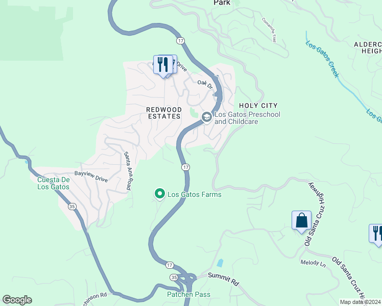 map of restaurants, bars, coffee shops, grocery stores, and more near 21578 Alma Court in Los Gatos