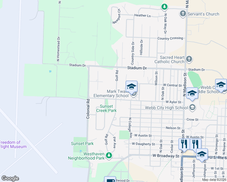 map of restaurants, bars, coffee shops, grocery stores, and more near 1701-1799 West Aylor Street in Webb City