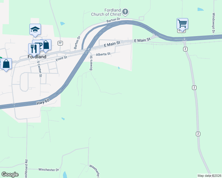 map of restaurants, bars, coffee shops, grocery stores, and more near 509 Bowers Street in Fordland