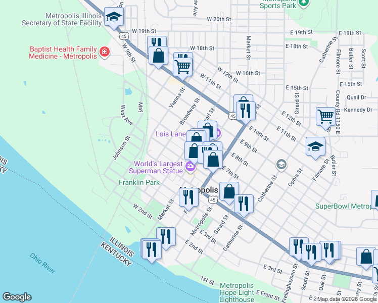 map of restaurants, bars, coffee shops, grocery stores, and more near 209 West 6th Street in Metropolis