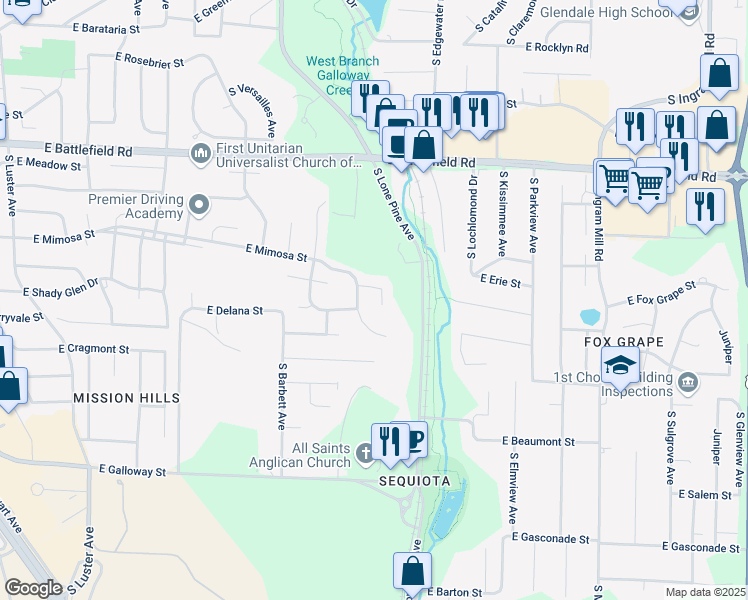 map of restaurants, bars, coffee shops, grocery stores, and more near 3245 South Ridgewood Court in Springfield
