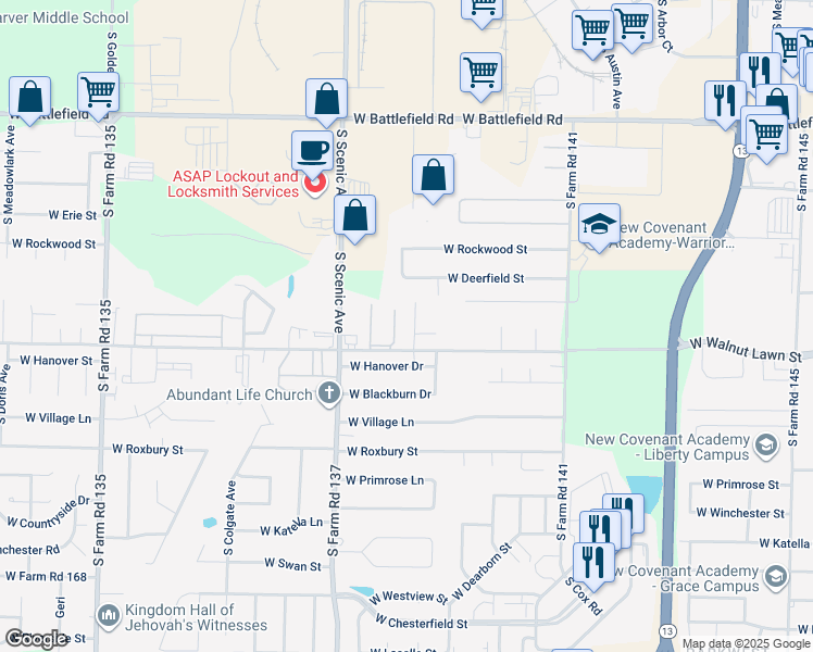 map of restaurants, bars, coffee shops, grocery stores, and more near 3361 South Clifton Avenue in Springfield