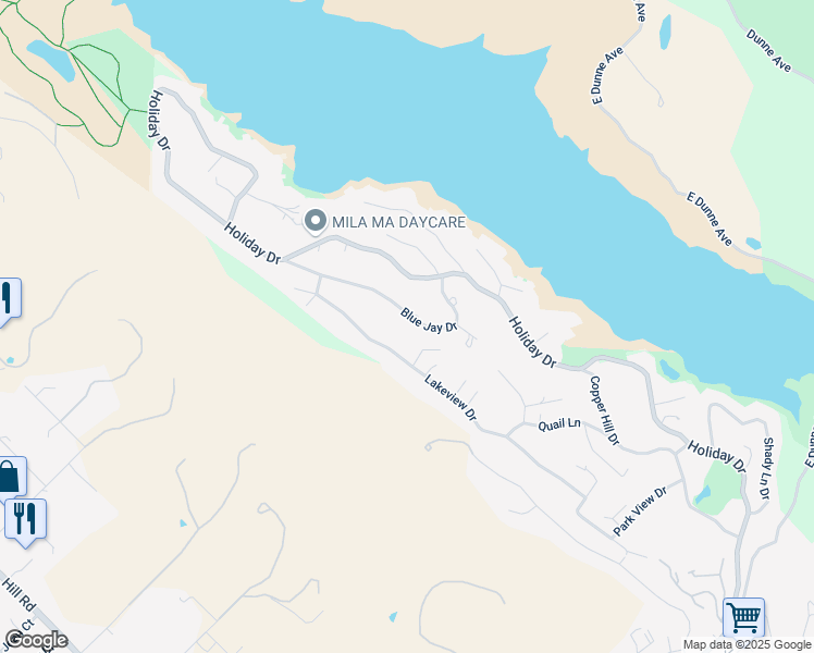 map of restaurants, bars, coffee shops, grocery stores, and more near 17441 Blue Jay Drive in Morgan Hill