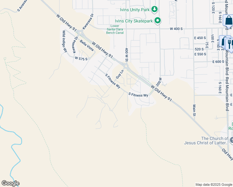 map of restaurants, bars, coffee shops, grocery stores, and more near Mojave Way in Ivins