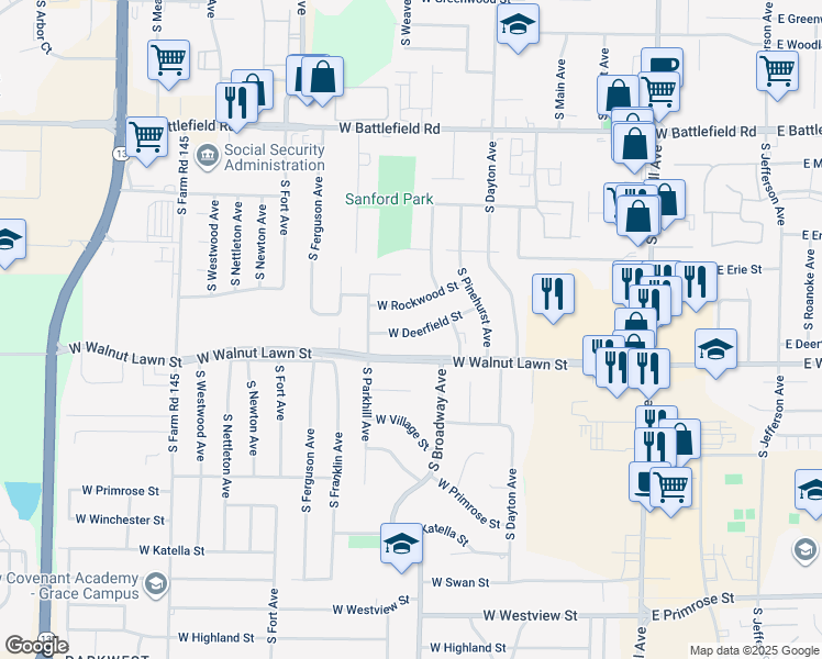 map of restaurants, bars, coffee shops, grocery stores, and more near 774 West Deerfield Street in Springfield
