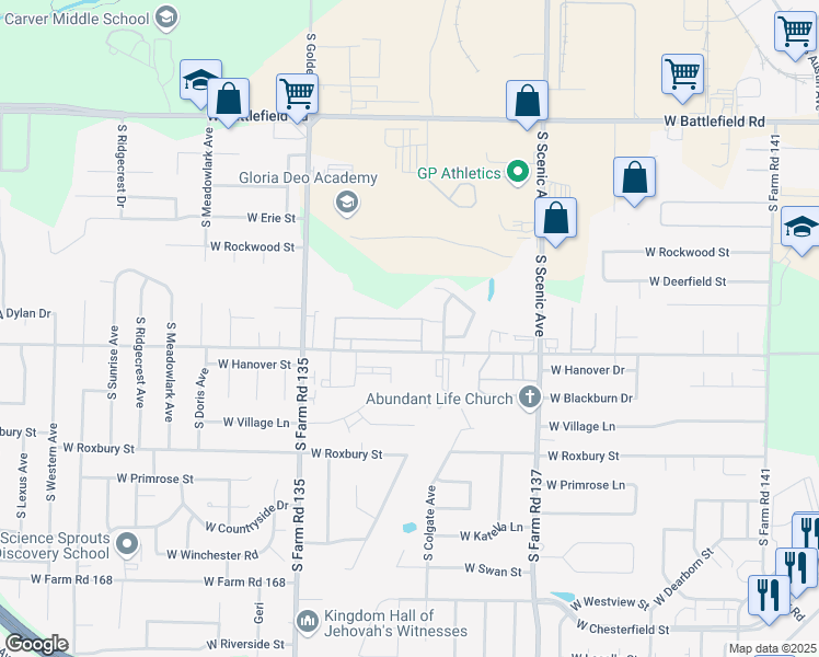 map of restaurants, bars, coffee shops, grocery stores, and more near 2943 West Farm Road 164 in Springfield