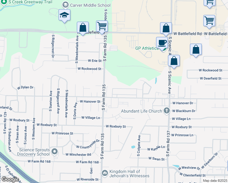 map of restaurants, bars, coffee shops, grocery stores, and more near 3383 South Walnut Hill Avenue in Springfield