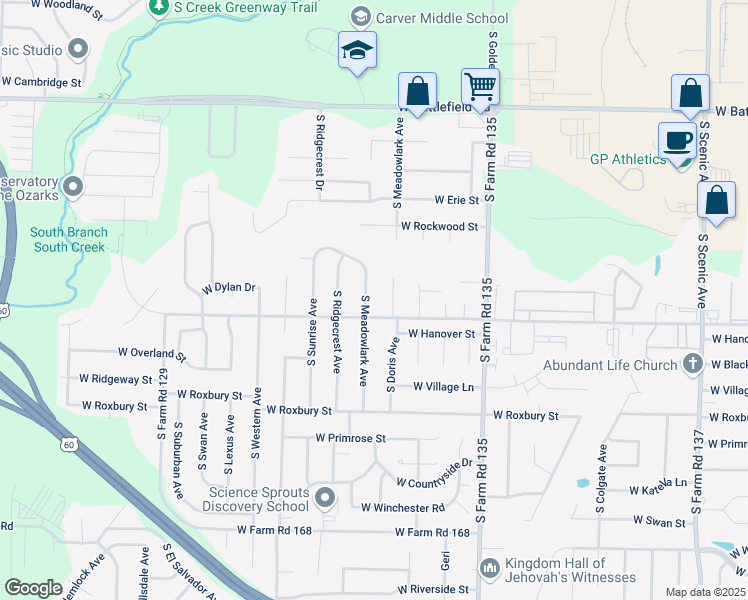 map of restaurants, bars, coffee shops, grocery stores, and more near 3392 South Meadowlark Avenue in Springfield