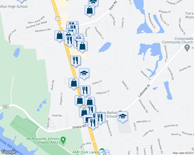 map of restaurants, bars, coffee shops, grocery stores, and more near 117 Barfleur Place in Yorktown