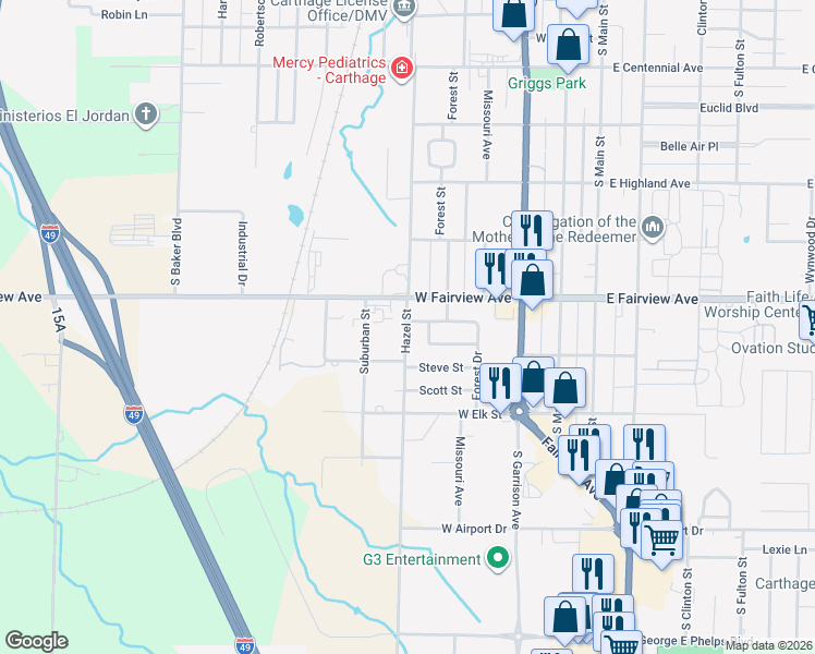 map of restaurants, bars, coffee shops, grocery stores, and more near 2041-2043 Forest Drive in Carthage