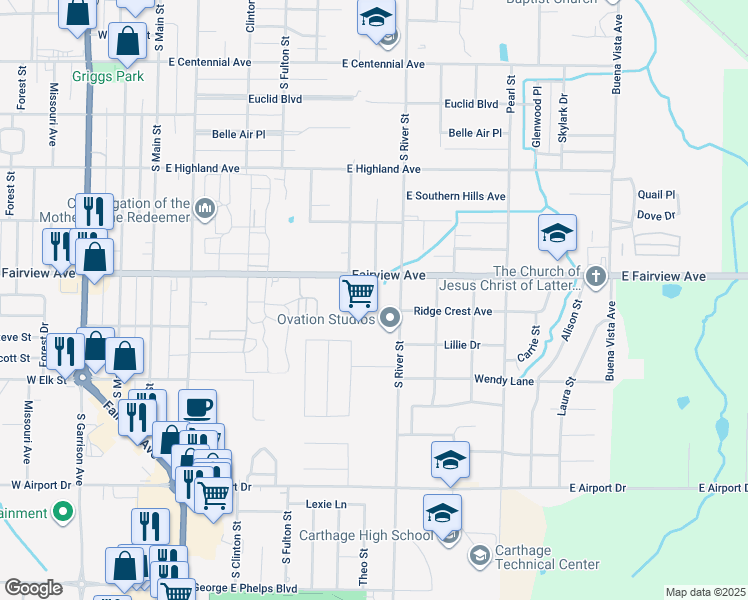 map of restaurants, bars, coffee shops, grocery stores, and more near 816 East Fairview Avenue in Carthage