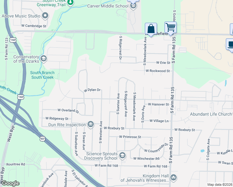 map of restaurants, bars, coffee shops, grocery stores, and more near 3369 South Sunrise Avenue in Springfield