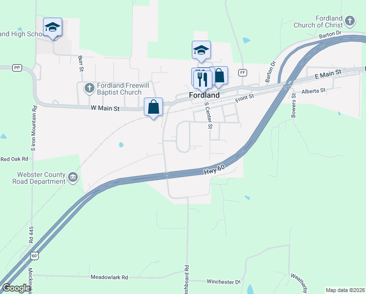 map of restaurants, bars, coffee shops, grocery stores, and more near 310 Peach Tree Street in Fordland