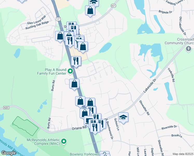map of restaurants, bars, coffee shops, grocery stores, and more near 115 Barfleur Place in Yorktown