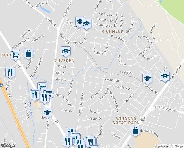 map of restaurants, bars, coffee shops, grocery stores, and more near 2 Eton Cove in Newport News