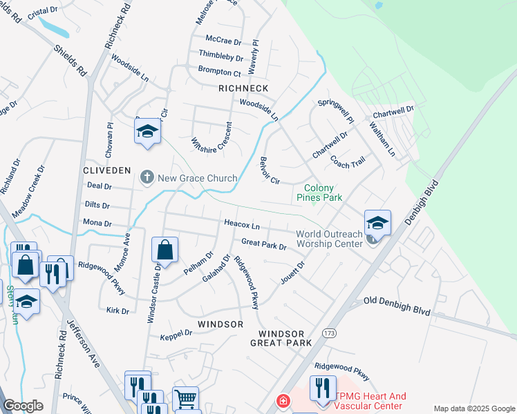 map of restaurants, bars, coffee shops, grocery stores, and more near 5 Lodge Court in Newport News