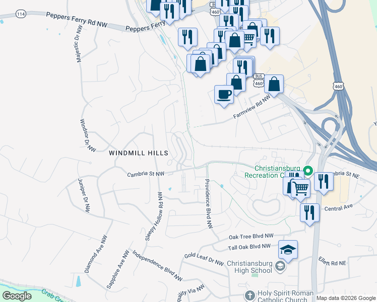 map of restaurants, bars, coffee shops, grocery stores, and more near 125 Phoenix Boulevard Northwest in Christiansburg