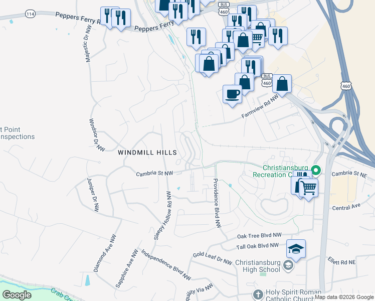map of restaurants, bars, coffee shops, grocery stores, and more near 100 Roudabush Drive Northwest in Christiansburg