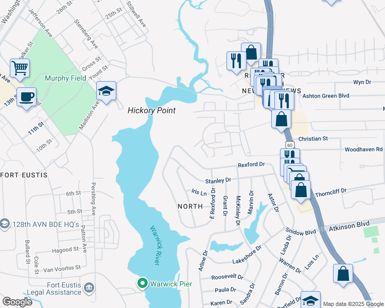 map of restaurants, bars, coffee shops, grocery stores, and more near 92 West Rexford Drive in Newport News