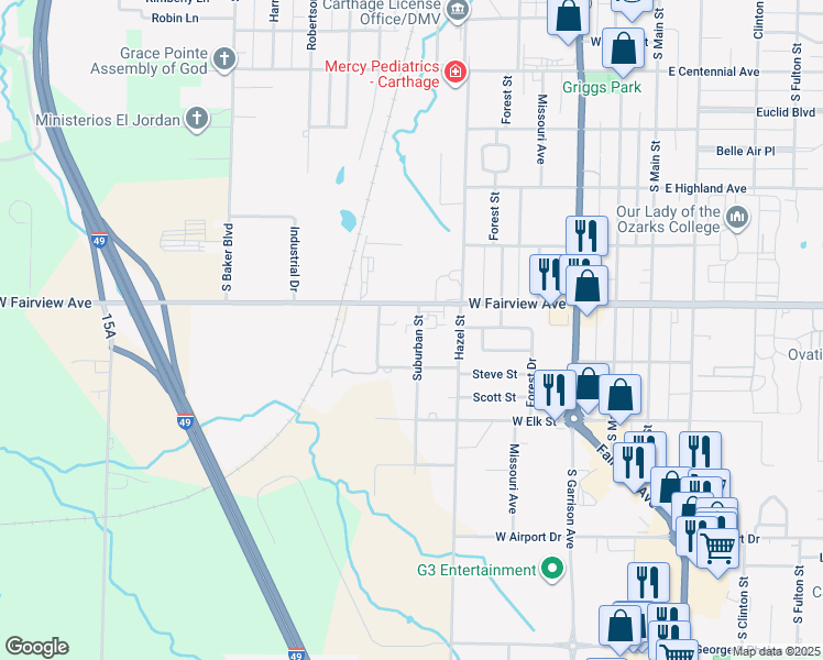 map of restaurants, bars, coffee shops, grocery stores, and more near 2030 Suburban Street in Carthage