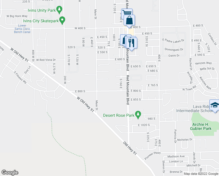 map of restaurants, bars, coffee shops, grocery stores, and more near 75 East 800 South in Ivins