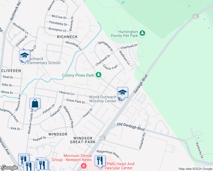 map of restaurants, bars, coffee shops, grocery stores, and more near 1211 Colony Pines Drive in Newport News