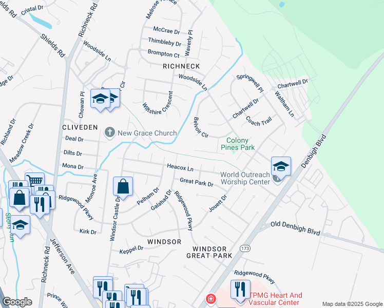 map of restaurants, bars, coffee shops, grocery stores, and more near 5 Lodge Court in Newport News