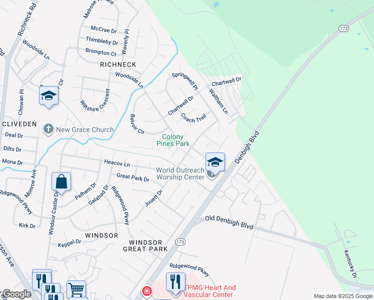 map of restaurants, bars, coffee shops, grocery stores, and more near 1211 Colony Pines Drive in Newport News