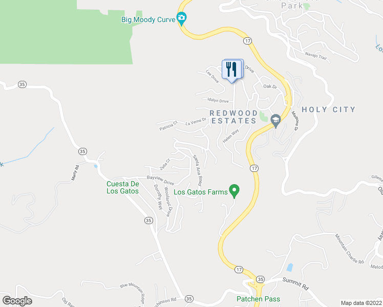 map of restaurants, bars, coffee shops, grocery stores, and more near 18129 Bayview Drive in Los Gatos