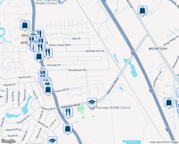 map of restaurants, bars, coffee shops, grocery stores, and more near 409 Stallings Court in Newport News