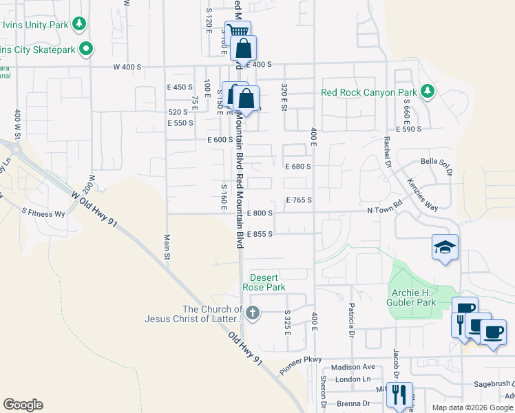 map of restaurants, bars, coffee shops, grocery stores, and more near 223 East 800 South in Ivins
