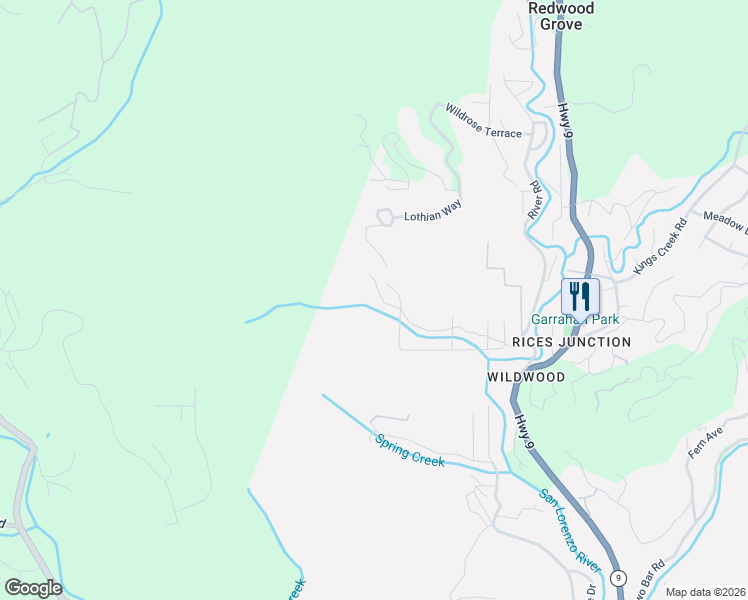 map of restaurants, bars, coffee shops, grocery stores, and more near 506 Sunset Road in Boulder Creek