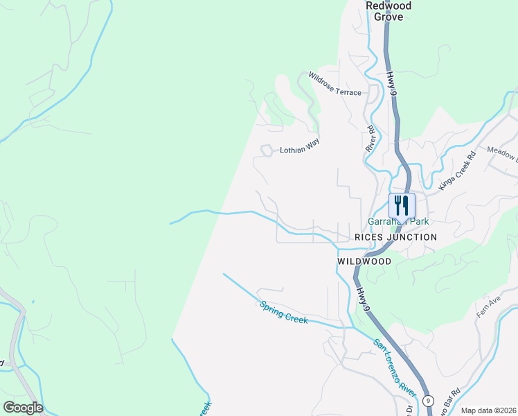map of restaurants, bars, coffee shops, grocery stores, and more near 506 Sunset Road in Boulder Creek