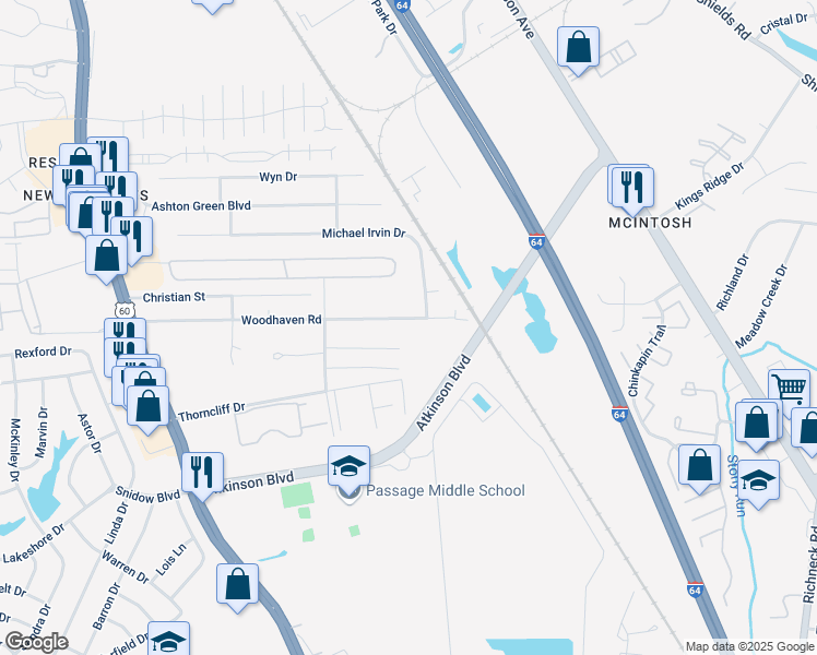 map of restaurants, bars, coffee shops, grocery stores, and more near 222 Woodhaven Road in Newport News