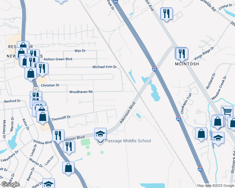 map of restaurants, bars, coffee shops, grocery stores, and more near 222 Woodhaven Road in Newport News