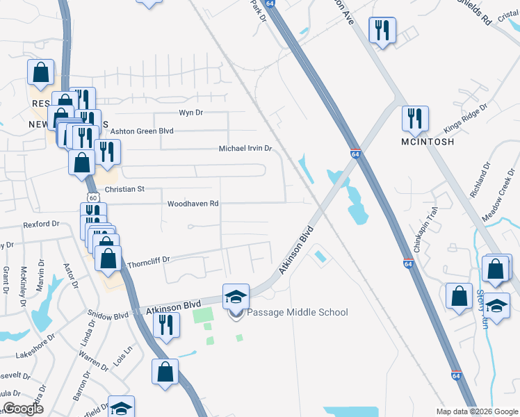 map of restaurants, bars, coffee shops, grocery stores, and more near 423 Stallings Court in Newport News