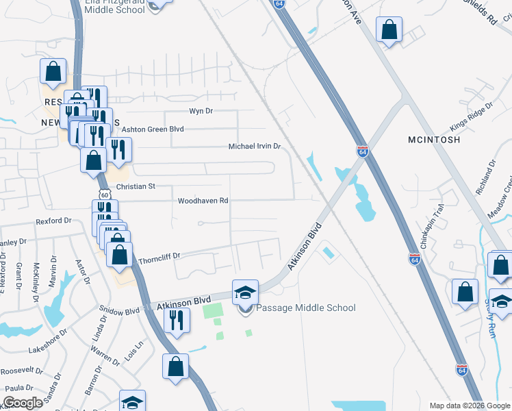 map of restaurants, bars, coffee shops, grocery stores, and more near 409 Stallings Court in Newport News