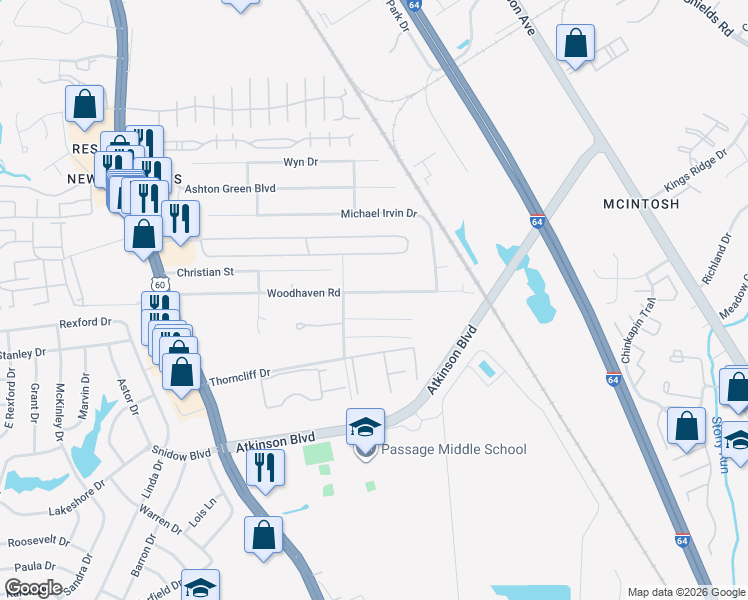 map of restaurants, bars, coffee shops, grocery stores, and more near 409 Stallings Court in Newport News